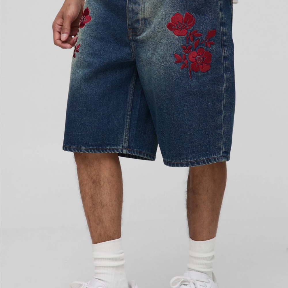 Men's Jean Shorts with Red Floral Design